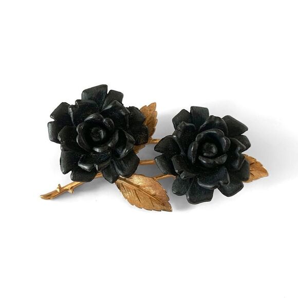 Crown Trifari Gold Double Black Rose Brooch - Picture 2 of 4